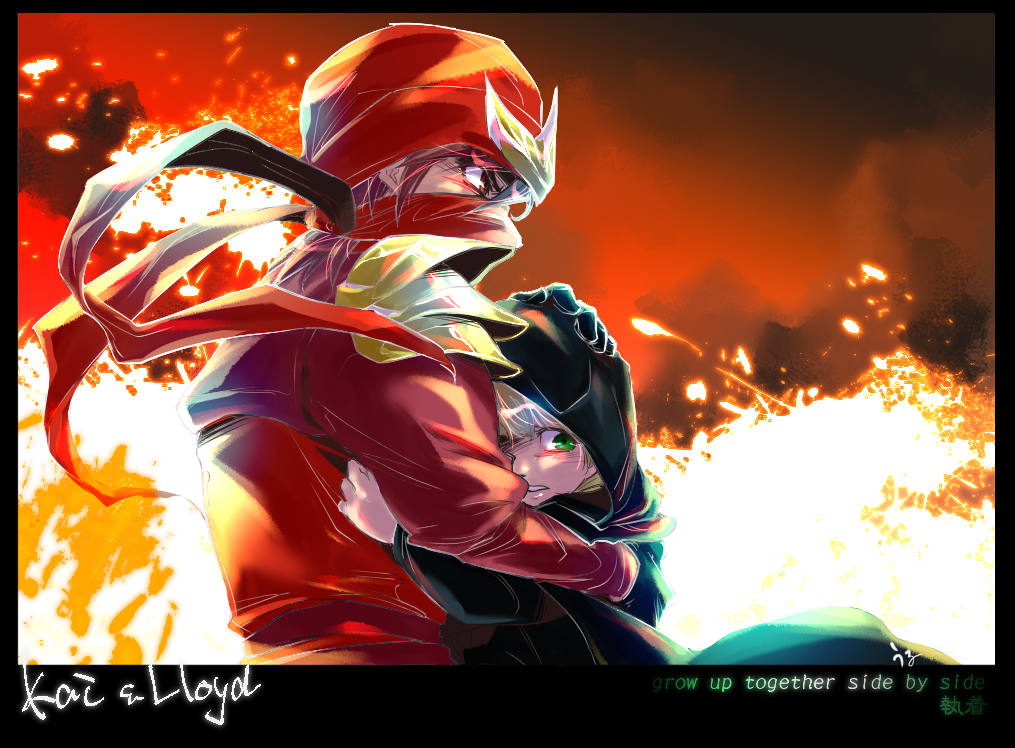 2boys, animification, blonde_hair, blunt_bangs, bodysuit, brown_hair, cape, cloak, eyebrows, gloves, green_eyes, hood, hooded_cloak, hug, kai_(ninjago), lloyd_garmadon, lloyd_garmadon_(young), multiple_boys, ninjago, red_eyes, short_hair, shoulder_pads, spiked_hair, the_lego_group