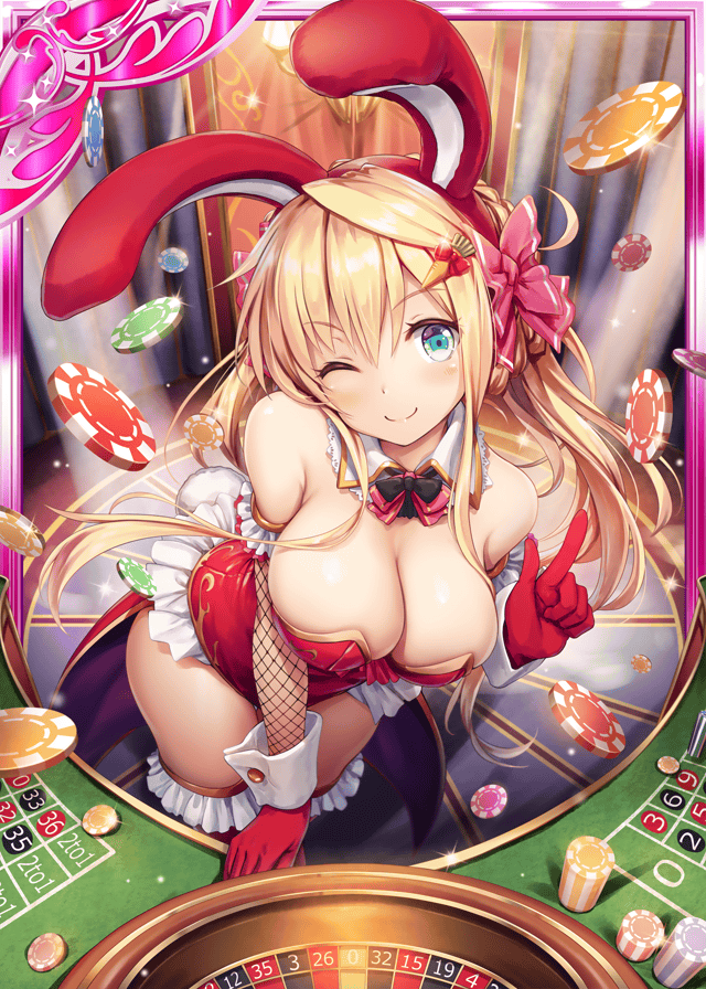 1girl, ;), akkijin, animal_ears, arm_support, bare_shoulders, black_bow, black_gloves, blonde_hair, blue_eyes, blush, bow, bowtie, braid, breasts, card_(medium), carrot, carrot_hair_ornament, casino, cleavage, closed_mouth, detached_collar, fake_animal_ears, fake_tail, falling, female_focus, fishnets, food-themed_hair_ornament, fortuna_(shinkai_no_valkyrie), frilled_leotard, frilled_thighhighs, frills, from_above, gloves, hair_between_eyes, hair_ornament, hairband, hand_up, head_tilt, index_finger_raised, indoors, lace, large_breasts, leaning_forward, legs_together, leotard, light_smile, long_hair, looking_at_viewer, official_art, one_eye_closed, playboy_bunny, poker_chip, ponytail, rabbit_ears, rabbit_tail, red_bow, red_bowtie, red_hairband, red_thighhighs, roulette, roulette_table, shinkai_no_valkyrie, sideboob, sidelocks, smile, solo, sparkle, standing, straight_hair, strapless, strapless_leotard, table, tail, thighhighs, very_long_hair, waist_cape, wrist_cuffs