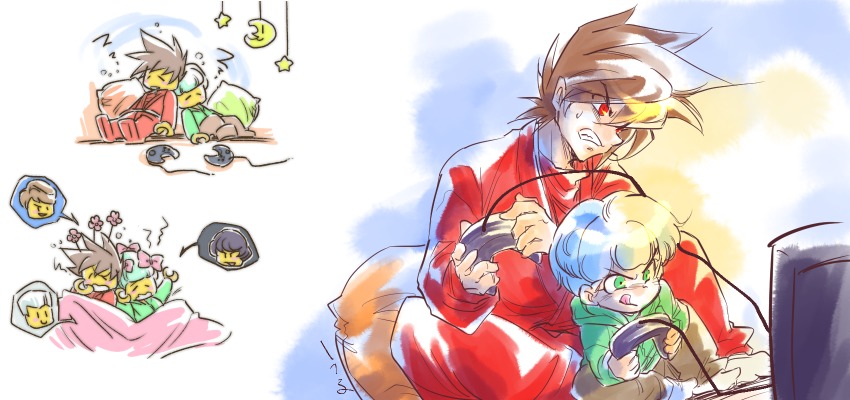 5boys, animification, black_hair, blanket, blonde_hair, blunt_bangs, bodysuit, brown_hair