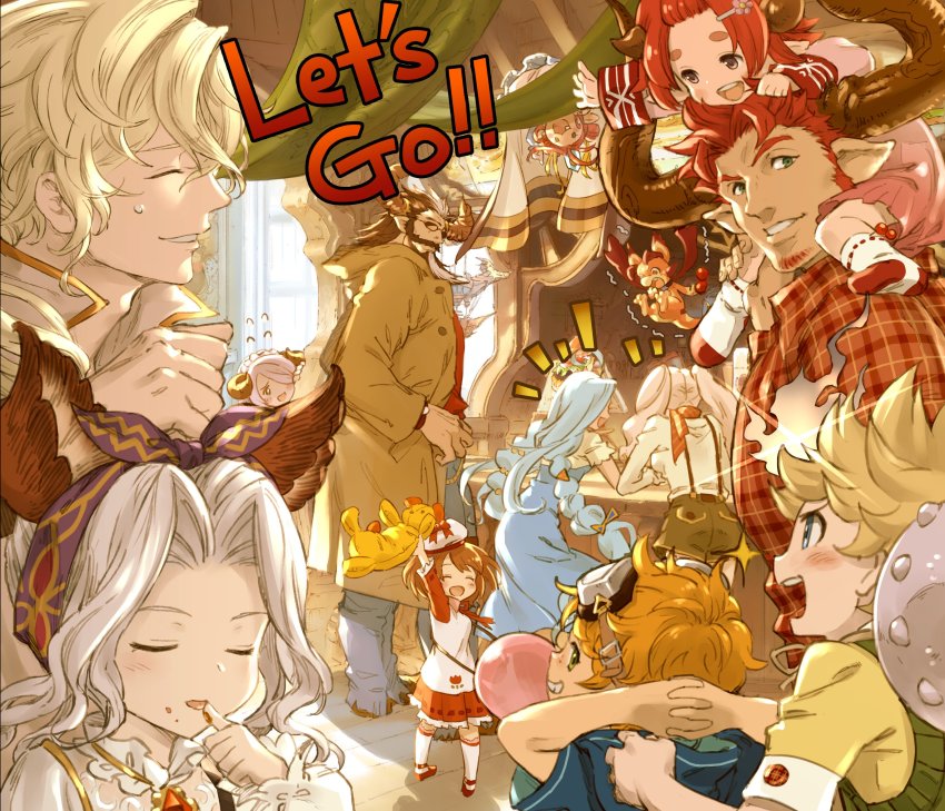 5boys, 6+girls, absurdres, alec_(granblue_fantasy), algeiba, alternate_hairstyle, ardora, beard, blonde_hair, blowing_bubble_gum, blowing_bubbles, carrying, casual, chewing_gum, child, cow_horns, doll, dragon, draph, english_text, erune, facial_hair, father_and_child, father_and_daughter, fif_(granblue_fantasy), fire, flying_sweatdrops, food, food_on_face, goggles, granblue_fantasy, hair_intakes, hair_over_one_eye, highres, horns, io_(granblue_fantasy), long_beard, lyria_(granblue_fantasy), minaba_hideo, multiple_boys, multiple_girls, naoise, narmaya_(granblue_fantasy), official_art, parent_and_child, plaid, pointy_ears, red_hair, redluck, scathacha_(granblue_fantasy), shoulder_carry, socks, stubble, stuffed_animal, stuffed_toy, suspenders, sweatdrop, syr_(granblue_fantasy), teddy_bear, twintails, vyrn_(granblue_fantasy), yaia_(granblue_fantasy)