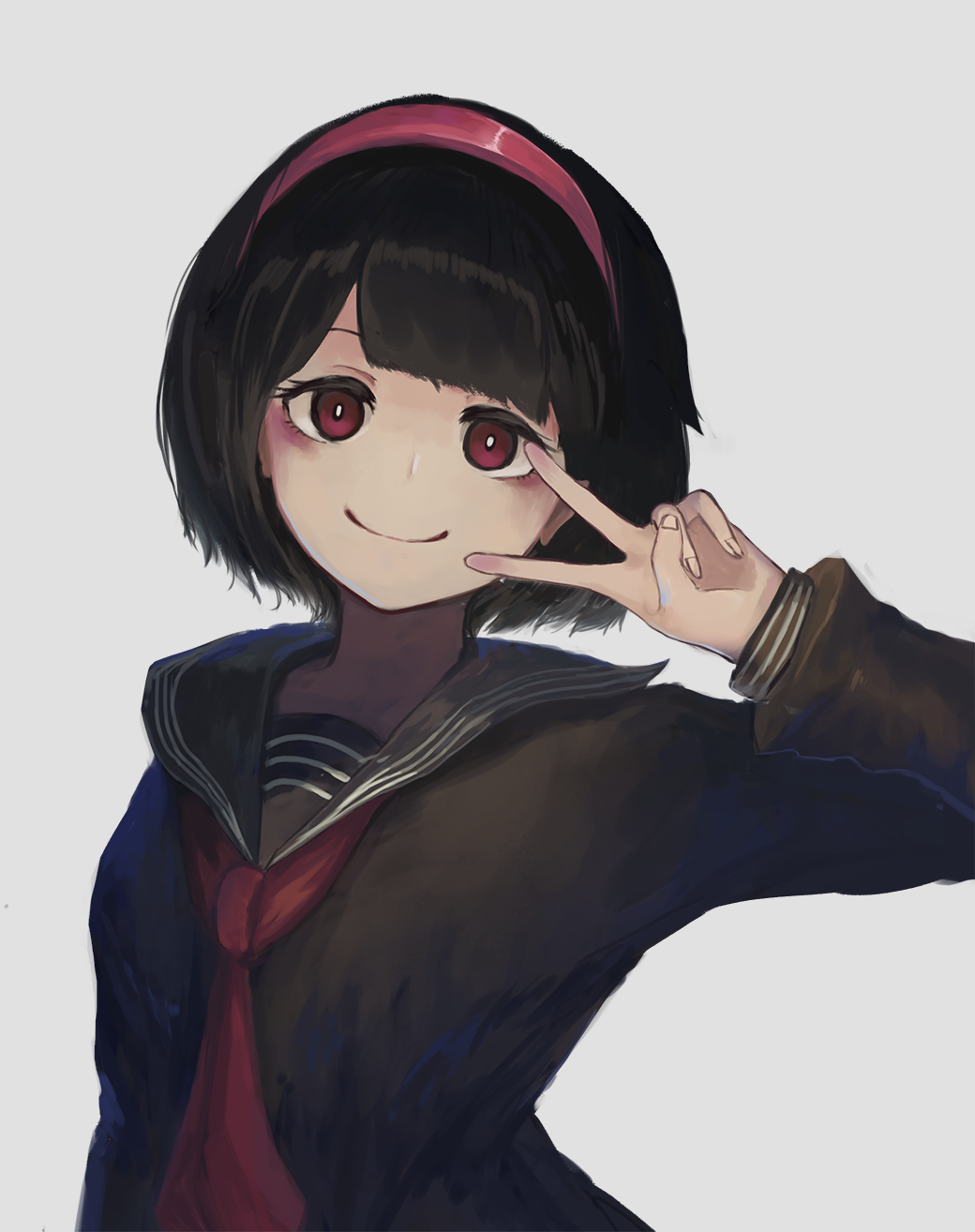 1girl, black_hair, black_serafuku, bob_cut, closed_mouth, female_focus, fjsmu, hairband, highres, neckerchief, red_eyes, red_hairband, red_neckerchief, sayo-chan, school_uniform, serafuku, short_hair, smile, solo, suada, upper_body, v, virtual_youtuber