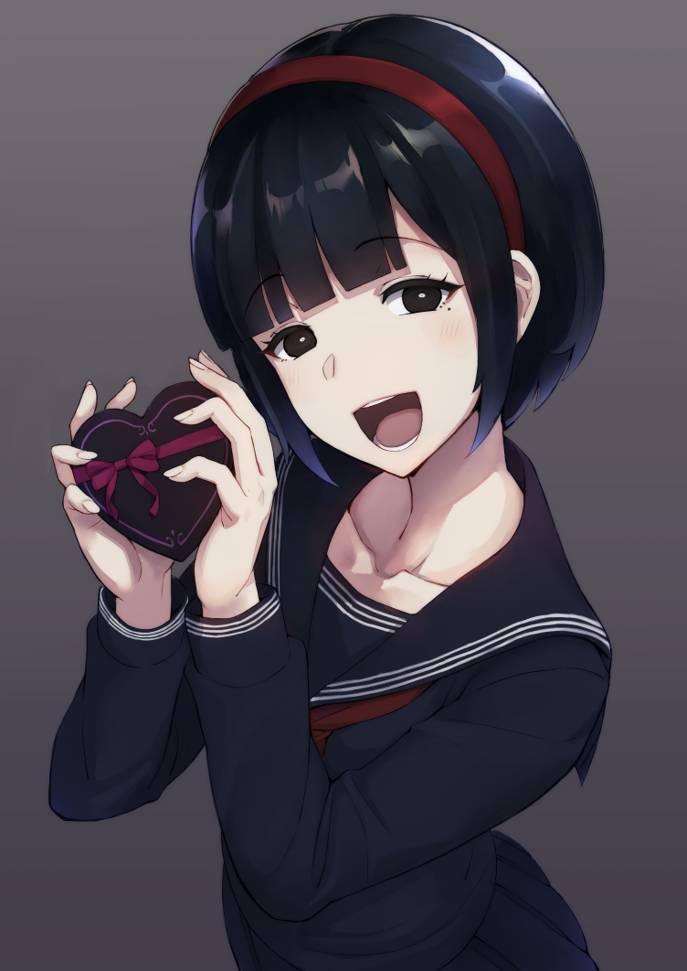1girl, 999no9chan, bad_id, bad_twitter_id, black_eyes, black_hair, blue_serafuku, blush, bob_cut, box, chocolate, collarbone, female_focus, hairband, looking_at_viewer, mole, mole_under_eye, neckerchief, open_mouth, red_hairband, red_neckerchief, sayo-chan, school_uniform, serafuku, short_hair, smile, solo, suada, teeth, upper_body, valentine, virtual_youtuber