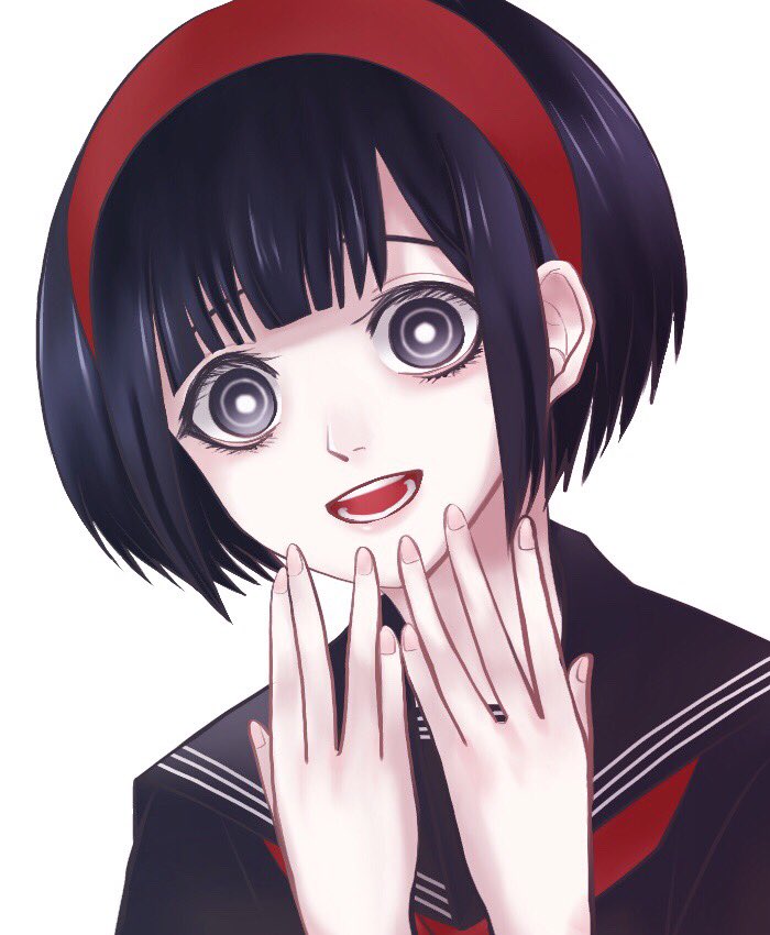 1girl, bad_id, bad_twitter_id, black_eyes, black_hair, blue_serafuku, bob_cut, crazy_eyes, eyelashes, female_focus, hairband, lips, naanomaru, neckerchief, open_mouth, red_hairband, red_neckerchief, ringed_eyes, sayo-chan, school_uniform, serafuku, short_hair, simple_background, smile, solo, suada, teeth, upper_body, virtual_youtuber, white_background