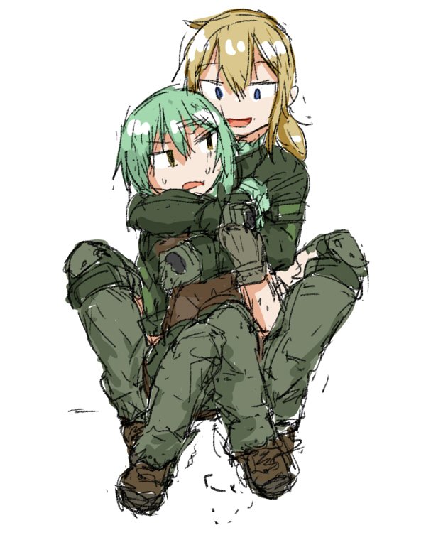 2girls, annoyed, blonde_hair, blue_eyes, boots, brown_eyes, dutchko, grabbing_another's_breast, green_hair, groping, hug, hug_from_behind, lita_(dutchko), military, military_uniform, multiple_girls, simple_background, sitting, sitting_on_lap, sitting_on_person, teasing, vesna_(dutchko), white_background, yuri