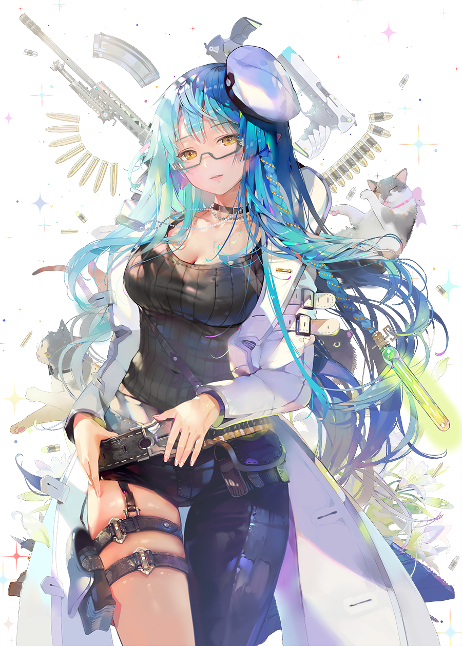1girl, asymmetrical_clothes, belt, black-framed_eyewear, blue_hair, braid, breasts, bullet, cat, choker, cleavage, crab_d, delphine_(qurare), female_focus, flower, glasses, gun, hair_ornament, handgun, hat, head_tilt, highres, holster, jacket, jewelry, large_breasts, long_hair, looking_at_viewer, magazine_(weapon), multicolored_hair, necklace, parted_lips, petals, pistol, potion, qurare_magic_library, revision, rifle, semi-rimless_eyewear, side_braid, sidelocks, single_braid, sniper_rifle, solo, symbol-shaped_pupils, tank_top, thigh_holster, thigh_strap, under-rim_eyewear, very_long_hair, weapon, yellow_eyes