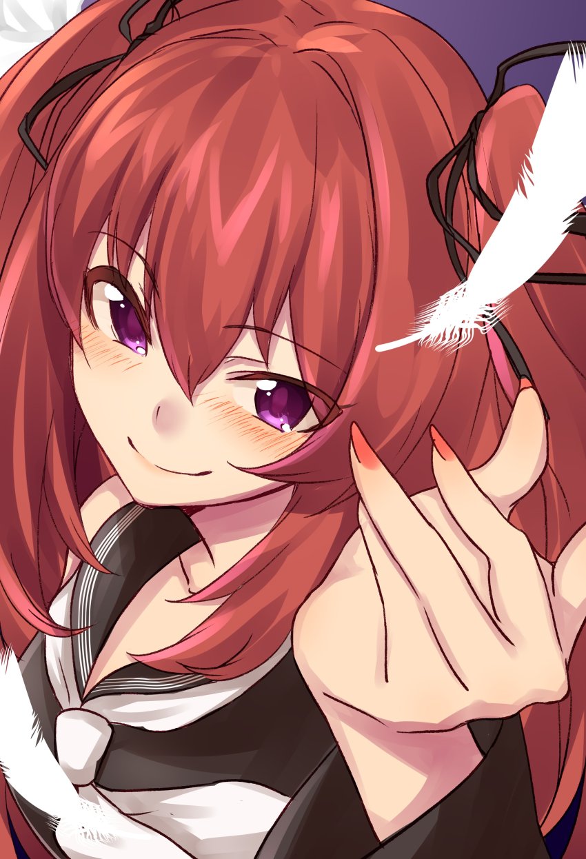 1girl, absurdres, black_ribbon, blush, closed_mouth, detached_sleeves, feathers, female_focus