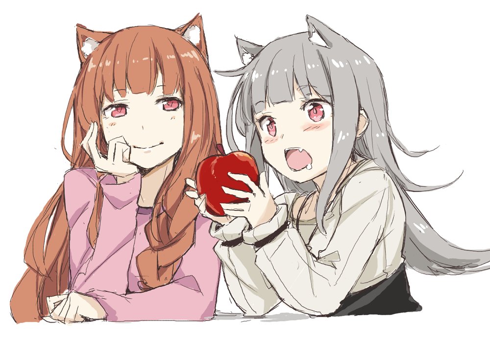 2girls, animal_ears, apple, blunt_bangs, blush, braid, brown_hair, drooling