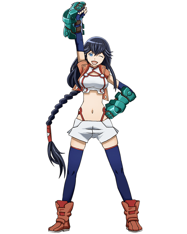 1girl, ;d, arm_up, black_hair, blue_eyes, blue_gloves, blue_thighhighs, braid