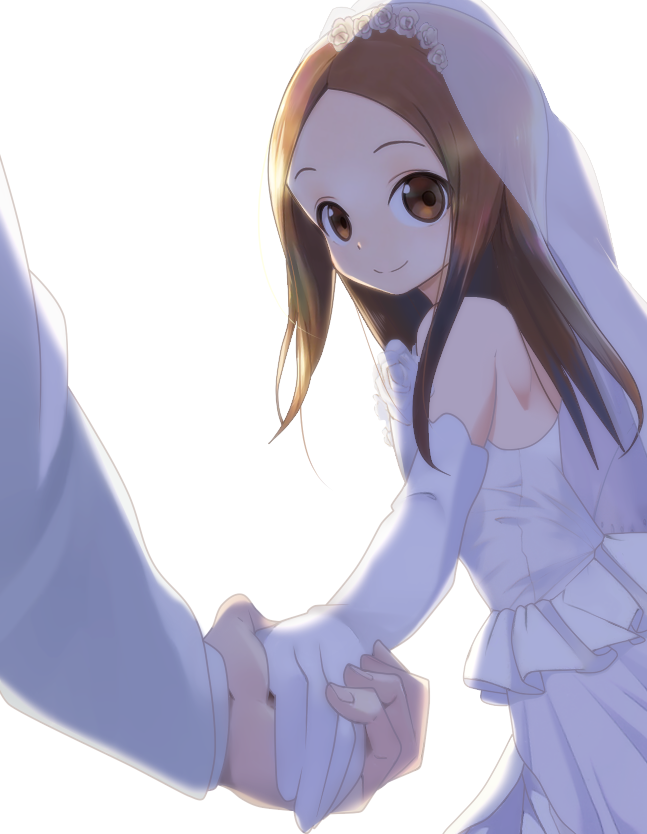 10s, 1girl, bare_shoulders, bonfurai, bridal_veil, brown_eyes, brown_hair, closed_mouth