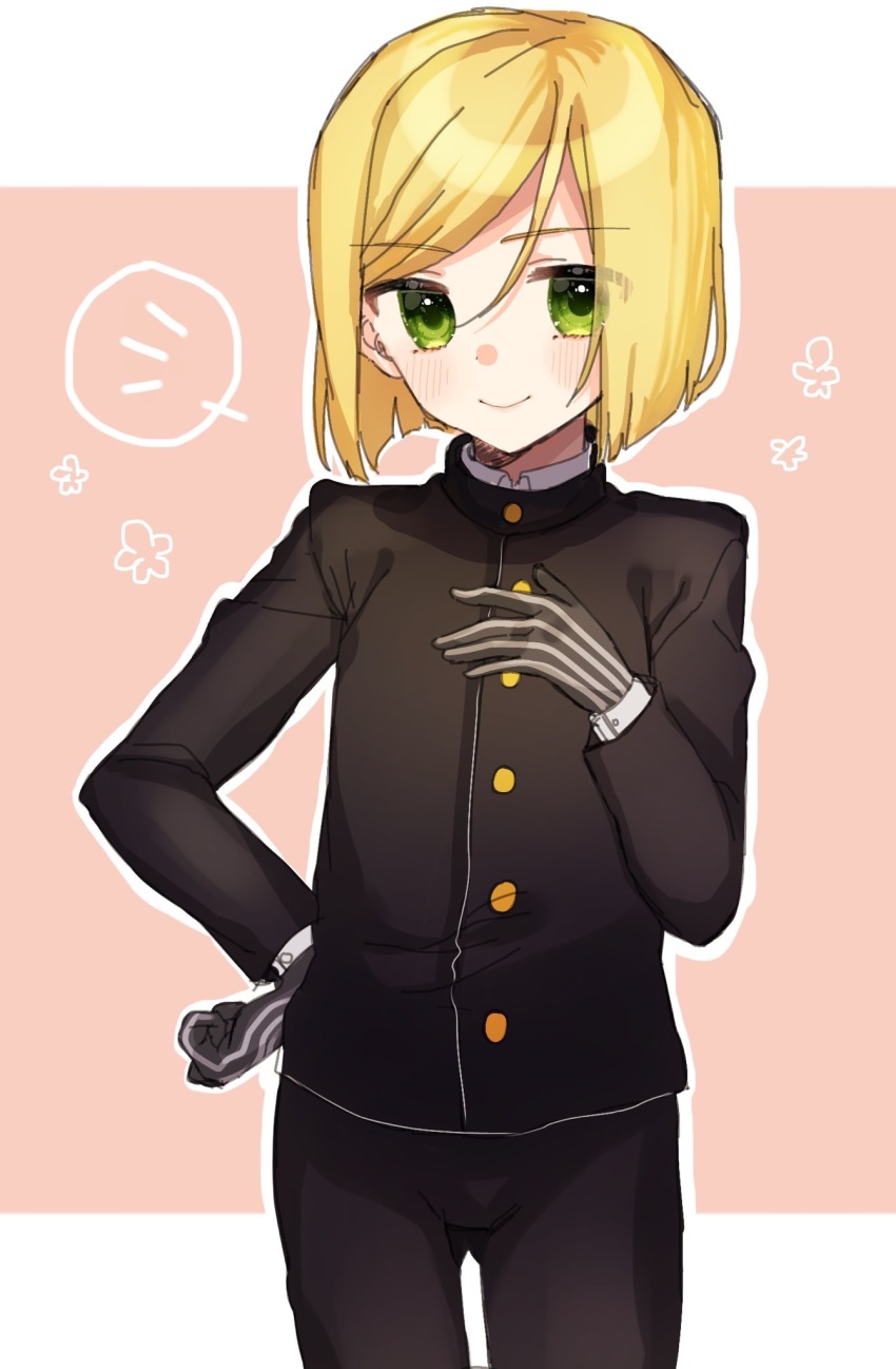 10s, 1girl, alternate_hairstyle, bad_id, bad_pixiv_id, black_gloves, black_jacket, black_pants, blonde_hair, bob_cut, closed_mouth, cosplay, cowboy_shot, fate/extra, fate/extra_ccc, fate_(series), female_focus, gakuran, gloves, green_eyes, hand_on_own_chest, hand_on_own_hip, highres, jacket, kishinami_hakuno_(male), kishinami_hakuno_(male)_(cosplay), kyuuri_(yumi20010221), leonard_bistario_harway, long_sleeves, looking_at_viewer, male_focus, pants, pink_background, school_uniform, short_hair, smile, solo, standing, striped_clothes, striped_gloves, swept_bangs, two-tone_background, vertical-striped_clothes, vertical-striped_gloves
