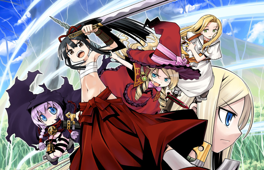 5girls, :d, :o, angry, armor, armpits, atlus, bare_shoulders, bell, black_hair, blonde_hair, blue_eyes, bow, braid, brown_eyes, bushidou_(sekaiju), bushidou_2_(sekaiju), chain, cloak, close-up, clothing_cutout, cloud, cowbell, cuffs, curse_maker, curse_maker_2, day, doctor_magus, doctor_magus_4, dress, drill_hair, etrian_odyssey, everyone, fang, fantasy, fighting_stance, flat_chest, frills, frown, gem, grass, green_eyes, groin, hakama, hakama_skirt, hat, hip_vent, holding, hood, japanese_clothes, jewelry, katana, long_hair, looking_at_viewer, lowleg, medic_(sekaiju), medic_4_(sekaiju), midriff, minami_juujisei, multiple_girls, nature, navel, no_panties, no_shirt, open_mouth, outdoors, paladin_(sekaiju), paladin_2_(sekaiju), pink_bow, polearm, ponytail, profile, purple_hair, red_hakama, rope, sailor_dress, samurai, sarashi, sheath, side_slit, sidelocks, skirt, sky, smile, socks, spear, staff, standing, swept_bangs, sword, test_tube, torn_clothes, tree, twin_braids, weapon, wind, witch_hat