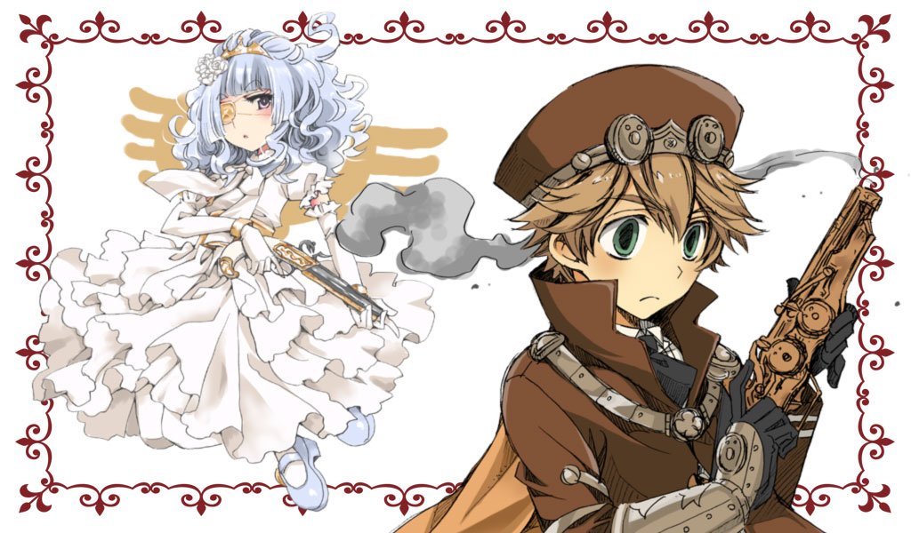 2boys, antique_firearm, armor, bad_id, bad_twitter_id, black_gloves, blue_hair, blunt_bangs, brown_hair, curly_hair, dress, ekaterina_(senjuushi), elbow_gloves, eyepatch, firearm, flower, frilled_dress, frills, gauntlets, gloves, green_eyes, gun, hair_flower, hair_ornament, half_updo, handgun, hat, holding, holding_gun, holding_weapon, karl_(senjuushi), kinoshita_sakura, male_focus, multiple_boys, pink_eyes, pistol, puffy_short_sleeves, puffy_sleeves, senjuushi:_the_thousand_noble_musketeers, senjuushi_(series), short_sleeves, single_gauntlet, tiara, trap, weapon, white_gloves