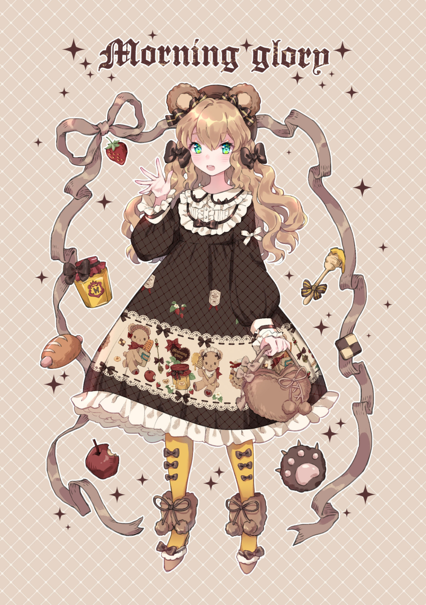 1girl, absurdres, accurate_lolita_coord, animal_ears, apple, argyle_background, argyle_clothes, argyle_dress, bag, bear_ears, black_bow, black_dress, bow, brown_footwear, brown_hair, center_frills, checkerboard_cookie, commentary_request, cookie, dress, ear_ribbon, english_text, female_focus, flats, food, frilled_dress, frilled_shirt_collar, frilled_sleeves, frills, fruit, full_body, fur-trimmed_footwear, fur_trim, green_eyes, grey_ribbon, hair_bow, handbag, hat, highres, holding, holding_bag, honey_dipper, honeycomb_(pattern), lolita_fashion, long_sleeves, open_mouth, original, pantyhose, pigs_in_a_blanket, pom_pom_(clothes), print_dress, smile, solo, sparkle, strawberry, unmoving_pattern, waving, white_bow, yellow_pantyhose, yuzhi