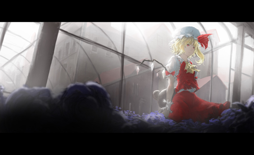 1010kman, 1girl, arms_behind_back, ascot, backlighting, bat_wings, blonde_hair, blue_flower