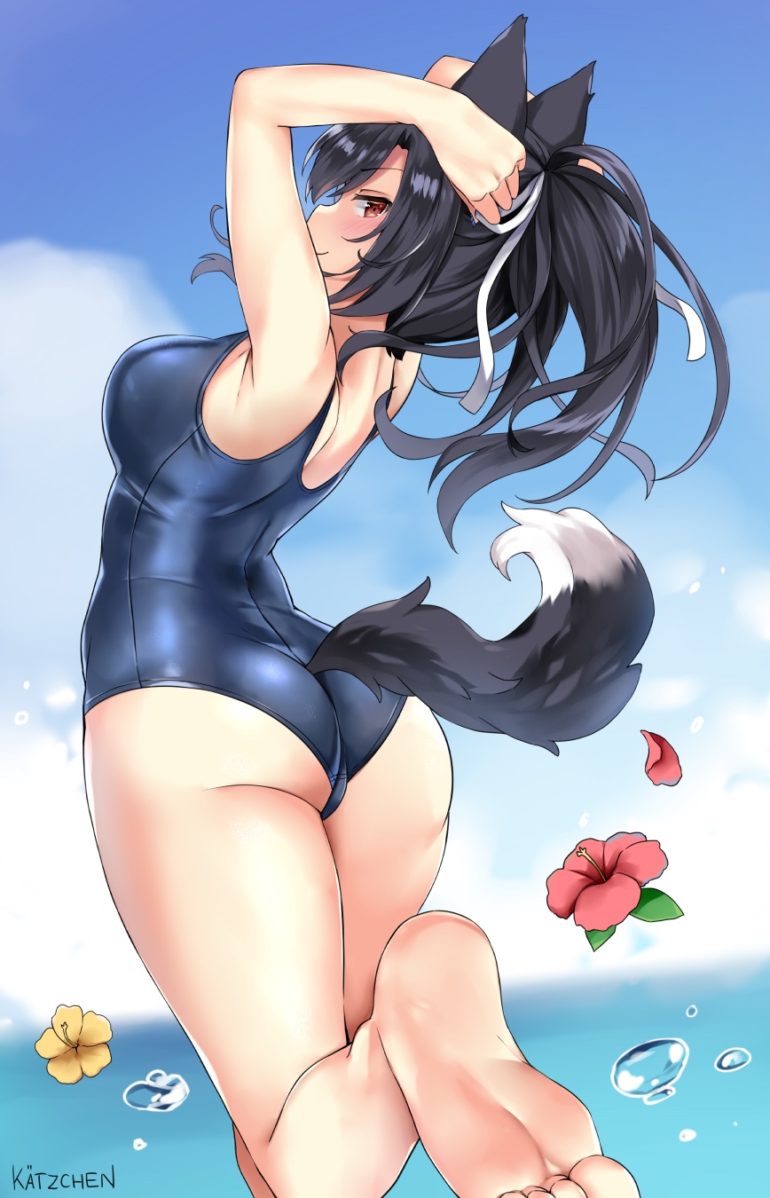 1girl, animal_ears, arched_back, armpits, artist_name, ass, azur_lane, bare_arms, bare_legs, bare_shoulders, barefoot, black_hair, blue_one-piece_swimsuit, blue_sky, blurry, blurry_background, blush, breasts, brown_eyes, closed_mouth, clothing_cutout, cloud, day, depth_of_field, feet, female_focus, flower, from_behind, hair_ribbon, hibiscus, highres, horizon, kaetzchen, long_hair, looking_at_viewer, medium_breasts, nail_polish, ocean, one-piece_swimsuit, outdoors, ponytail, red_eyes, red_flower, ribbon, school_swimsuit, shigure_(attack_i-490!)_(azur_lane), shigure_(azur_lane), sidelocks, sky, smile, soles, solo, standing, standing_on_one_leg, swimsuit, tail, tail_through_clothes, thighs, toes, water, water_drop, wolf_ears, wolf_girl, wolf_tail, yellow_flower