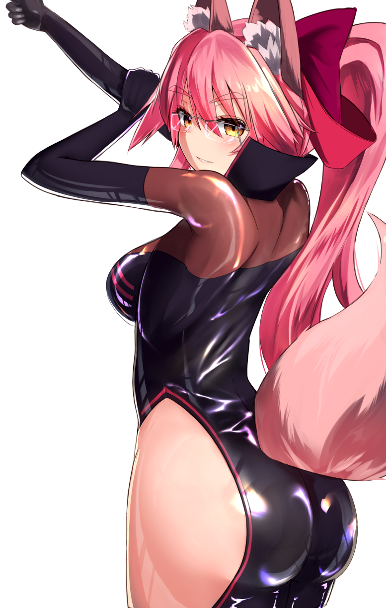 1girl, animal_ears, arms_up, ass, black_bodysuit, blush, bodysuit, bow