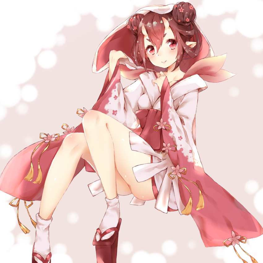 1girl, blush, brown_hair, clog_sandals, closed_mouth, collarbone, demon_girl, double_bun