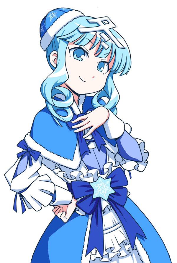1girl, anbe_masahiro, blue_bow, blue_capelet, blue_dress, blue_eyes, blue_hair, blue_hat, bow, capelet, closed_mouth, commentary_request, dress, drill_hair, female_focus, frilled_sleeves, frills, fumi-chan_(nhk), hair_ornament, hand_on_own_chest, hand_on_own_hip, hat, head_tilt, japanese_text, long_sleeves, looking_at_viewer, medium_dress, nhk_(broadcaster), short_hair, sidelocks, simple_background, smile, solo, standing, twin_drills, upper_body, white_background