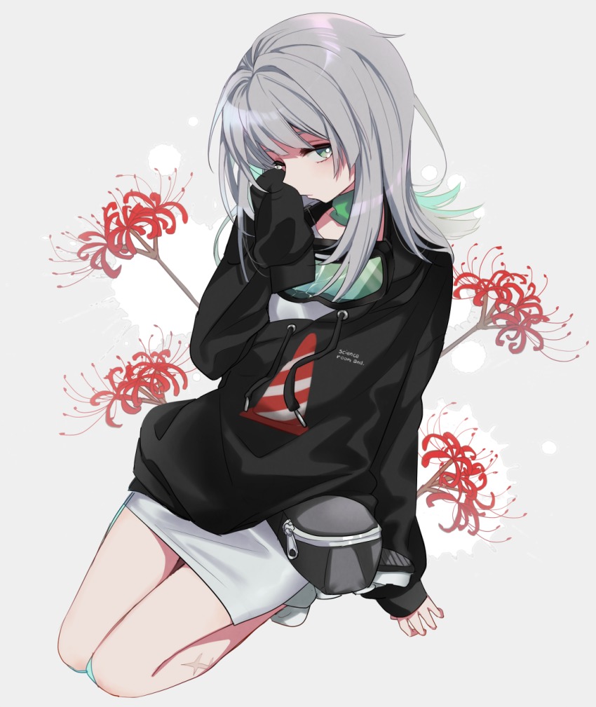 1girl, black_hoodie, boyano, closed_mouth, commentary_request, drawstring, female_focus, flower