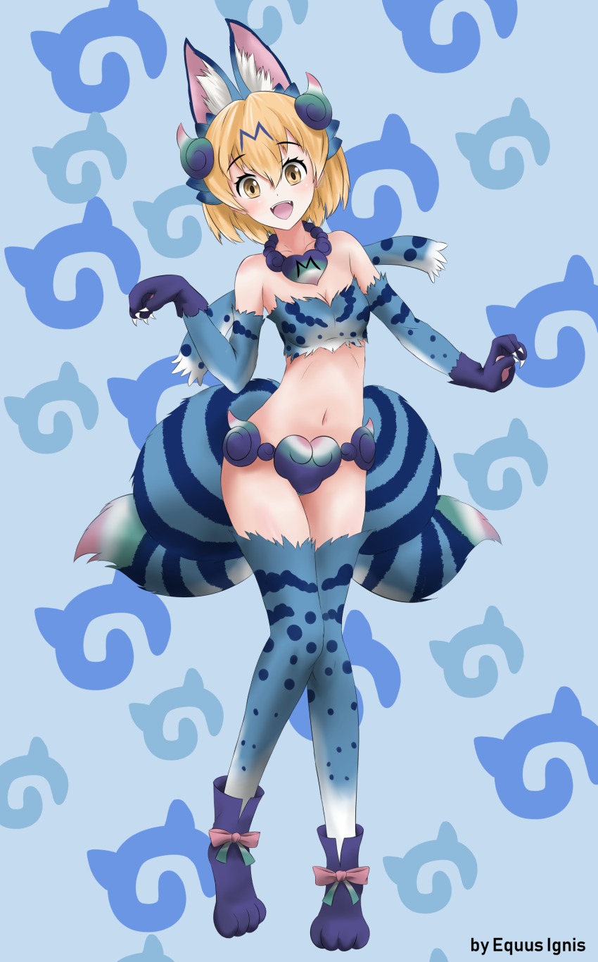 10s, 1girl, :d, absurdres, animal_ears, animal_hands, artist_name, bare_shoulders, beads, blonde_hair, blue_background, boots, breasts, claws, commentary, elbow_gloves, english_commentary, equus_ignis, fangs, female_focus, full_body, gloves, hair_between_eyes, highres, japari_symbol, kemono_friends, knees_together_feet_apart, looking_at_viewer, medium_breasts, midriff, multiple_tails, navel, open_mouth, paw_gloves, prayer_beads, serval_(kemono_friends), shiisaa_right, shiserval_right, short_hair, simple_background, smile, solo, standing, standing_on_one_leg, striped_tail, tail, thighhighs, two_tails, yellow_eyes