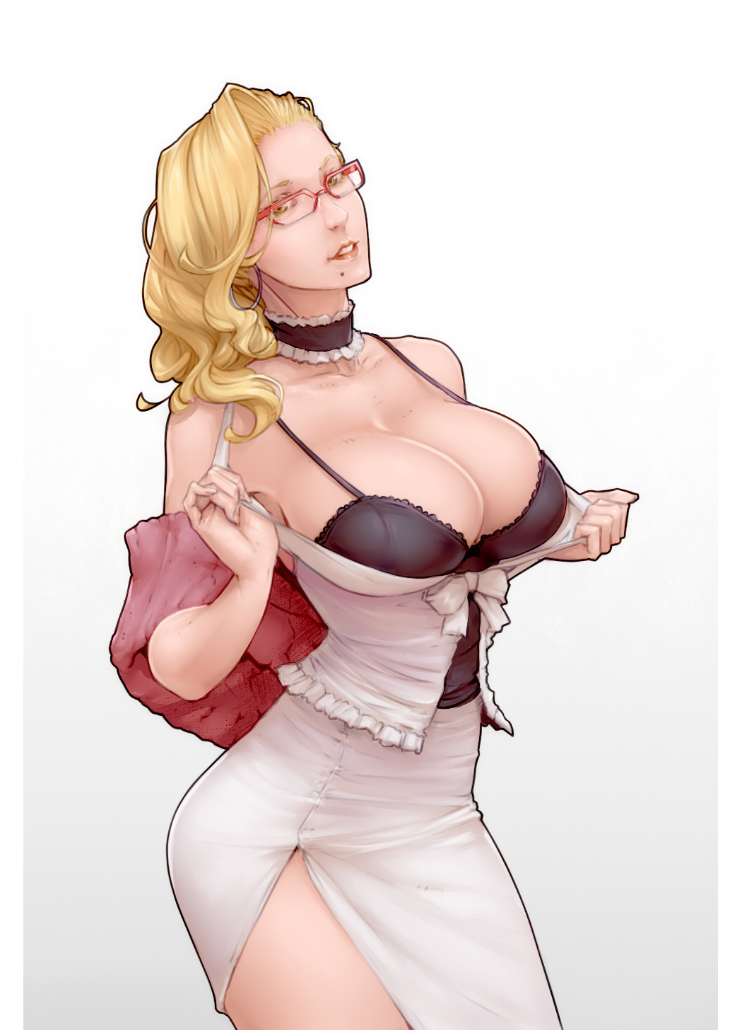 1girl, ballroom_e_youkoso, bare_shoulders, black_bra, blonde_hair, bra, breasts, clothes_lift, clothes_pull, collar, dress, dress_lift, female_focus, glasses, gradient_background, highres, huge_breasts, hyoudou_marisa, long_hair, materclaws, mole, mole_under_mouth, over-rim_eyewear, parted_lips, pencil_skirt, pulling_own_clothes, red-framed_eyewear, semi-rimless_eyewear, simple_background, skirt, solo, standing, underwear, upper_body, white_background, white_dress, white_skirt, yellow_eyes