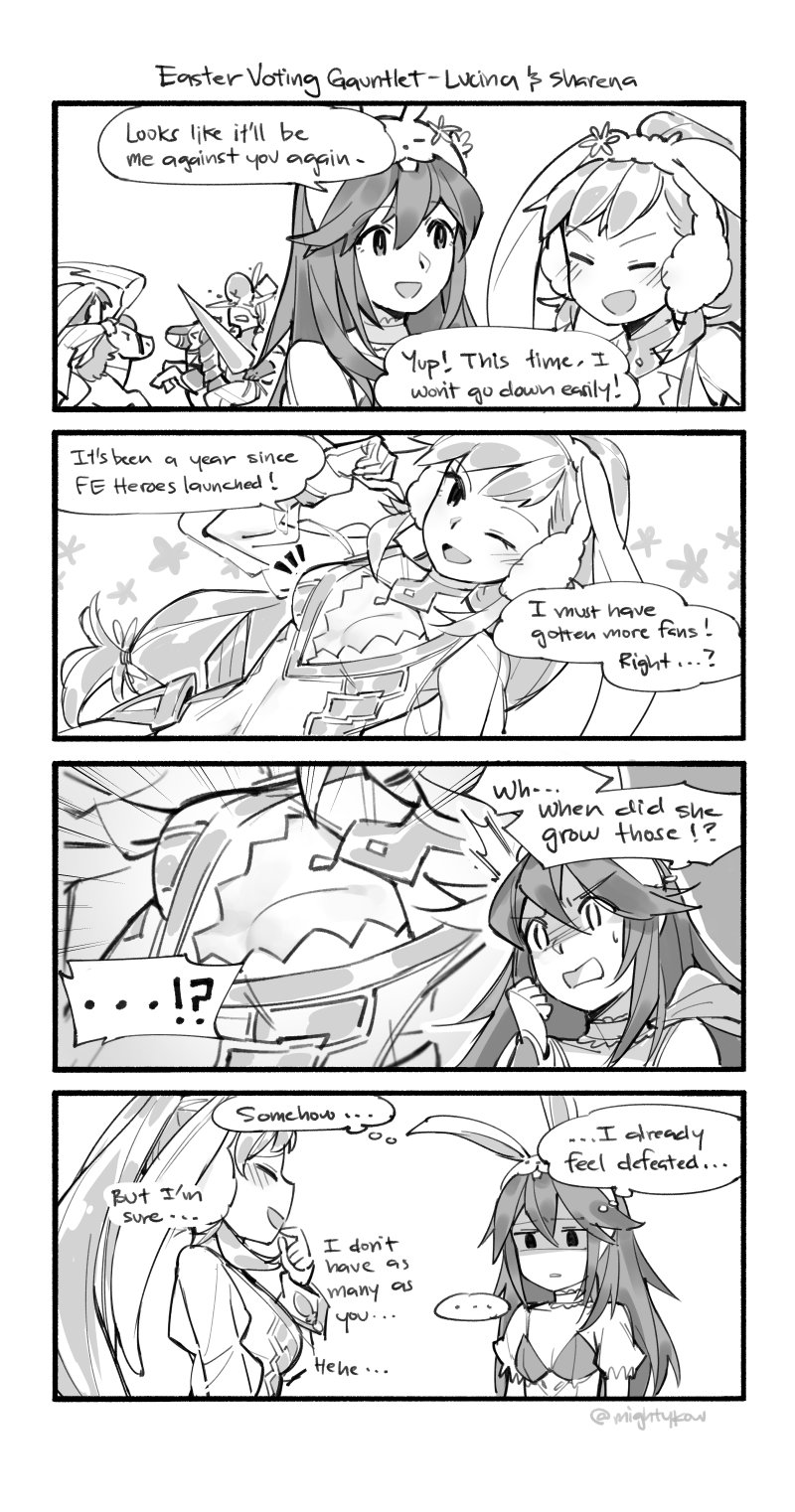 2girls, alfonse_(fire_emblem), alfonse_(spring_prince)_(fire_emblem), animal_ears, blush, braid, breast_envy, breasts