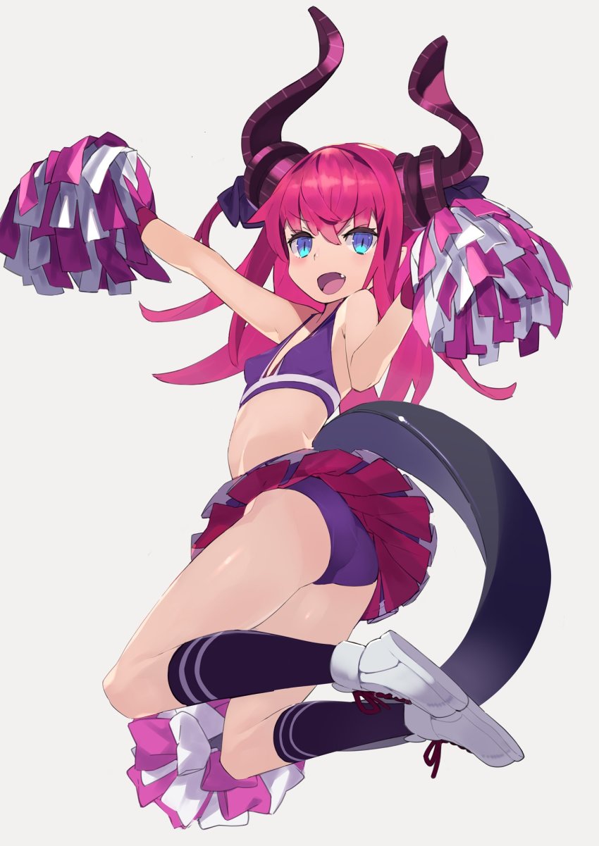 10s, 1girl, :d, arm_up, arms_up, asymmetrical_horns, black_socks, blue_eyes, blush, breasts, cheerleader, crop_top, curled_horns, dragon_girl, dragon_horns, dragon_tail, elizabeth_bathory_(cheerleader)_(fate), elizabeth_bathory_(fate), elizabeth_bathory_(fate/extra), fang, fate/extra, fate_(series), female_focus, full_body, grey_background, hajime_(hajime-ill-1st), highres, horns, jumping, kneehighs, long_hair, looking_at_viewer, midriff, miniskirt, official_alternate_costume, open_mouth, panties, pantyshot, pink_hair, pleated_skirt, pom_pom_(cheerleading), shoes, simple_background, skirt, sleeveless, slit_pupils, small_breasts, smile, sneakers, socks, solo, tail, two_side_up, underwear, uneven_horns