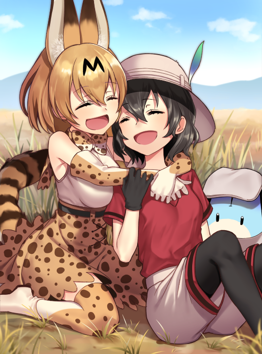 10s, 2girls, ^_^, animal_ears, animal_print, bag, bare_shoulders, black_hair