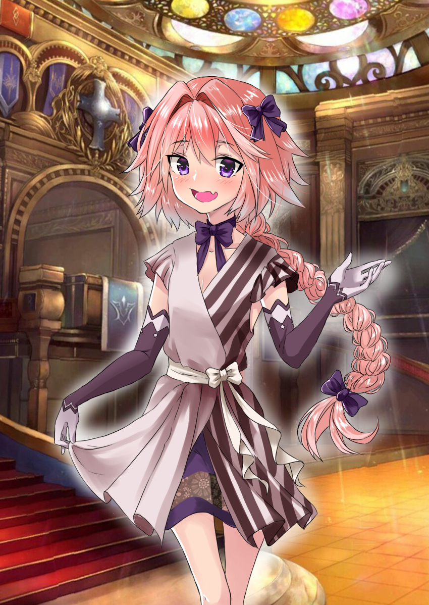 1boy, :d, astolfo_(fate), asymmetrical_clothes, bad_id, bad_pixiv_id, black_gloves, blush, bow, bowtie, braid, chevalier_d'eon_(fate), chevalier_d'eon_(formal_dress)_(fate), chinese_commentary, collarbone, commentary_request, daya, dress, dress_bow, elbow_gloves, fang, fate/apocrypha, fate/grand_order, fate_(series), feet_out_of_frame, flat_chest, frilled_dress, frilled_sleeves, frills, gloves, hair_between_eyes, hair_bow, hair_intakes, hand_up, highres, holding_own_dress, indoors, long_hair, looking_at_viewer, male_focus, multicolored_hair, open_mouth, pink_hair, purple_bow, purple_bowtie, purple_eyes, raised_eyebrows, see-through_clothes, short_sleeves, single_braid, smile, solo, standing, streaked_hair, thigh_gap, trap, two-tone_dress, two-tone_hair, very_long_hair, white_bow, white_hair