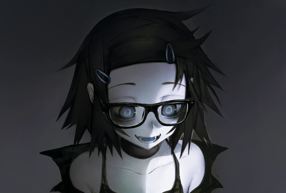 1girl, bags_under_eyes, black-framed_eyewear, black_hair, blue_eyes, choker, collarbone, female_focus
