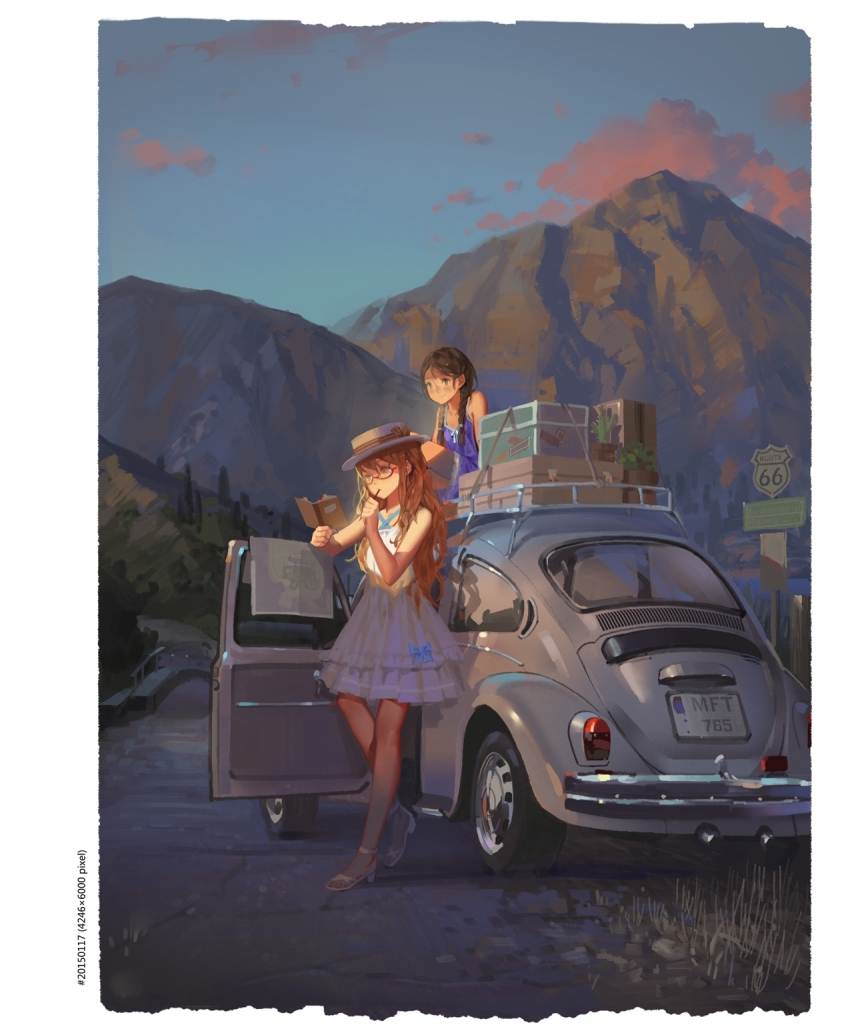 2girls, alphonse_(white_datura), bare_arms, bare_shoulders, black_hair, braid, brown_eyes, brown_hair, car, criss-cross_halter, dress, feet, frilled_dress, frills, glasses, halterneck, hat, high_heels, highres, landscape, long_hair, motor_vehicle, mountain, multiple_girls, non-web_source, on_car, original, purple_dress, reading, red-framed_eyewear, road_sign, route_66, sandals, shoes, sign, sitting, sky, sleeveless, sleeveless_dress, slice_of_life, standing, suitcase, toeless_footwear, twin_braids, vehicle_focus, volkswagen_beetle, white_footwear