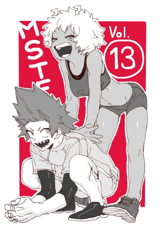 10s, 1boy, 1girl, ashido_mina, text_background, bent_over, blush, boku_no_hero_academia