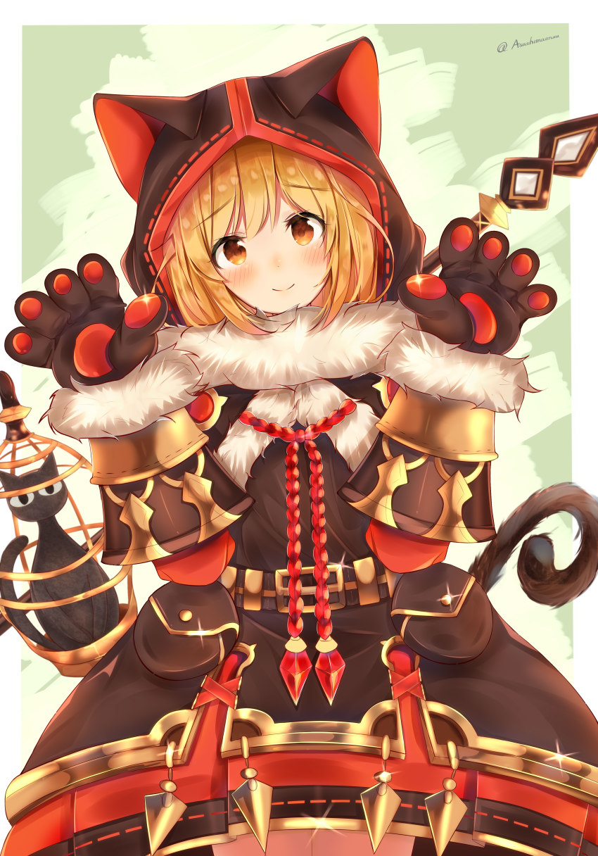 1girl, absurdres, animal_ears, animal_hands, animal_hood, bad_id, bad_pixiv_id, birdcage, black_capelet, black_dress, blonde_hair, blush, brown_eyes, cage, capelet, cat, cat_ears, cat_girl, cat_hood, cat_tail, closed_mouth, commentary_request, cosplay, cowboy_shot, djeeta_(granblue_fantasy), dress, female_focus, fur-trimmed_capelet, fur-trimmed_gloves, fur_trim, gloves, granblue_fantasy, hair_between_eyes, hands_up, head_tilt, highres, hood, hood_up, hooded_capelet, knights_of_glory, kuronekodoushi, kuronekodoushi_(cosplay), nekomancer_(granblue_fantasy), paw_gloves, sashima, smile, solo, tail, twitter_username
