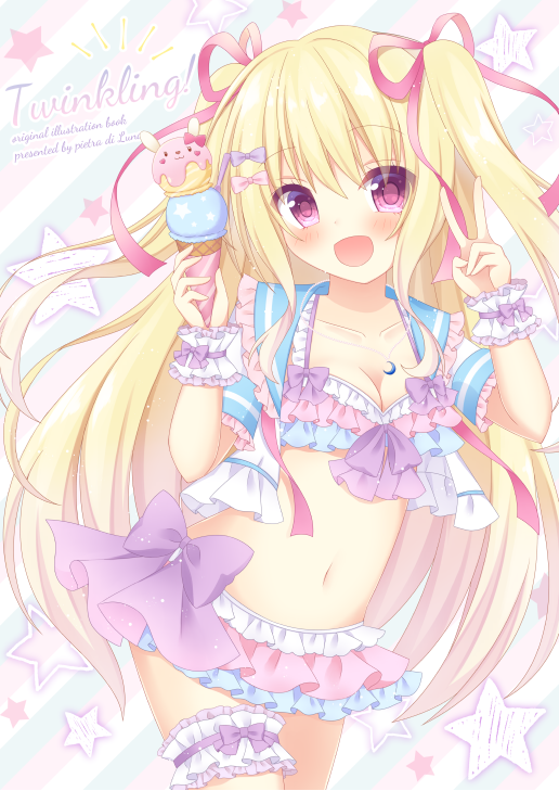 1girl, :d, bikini, blonde_hair, blue_sailor_collar, blush, bow, breasts