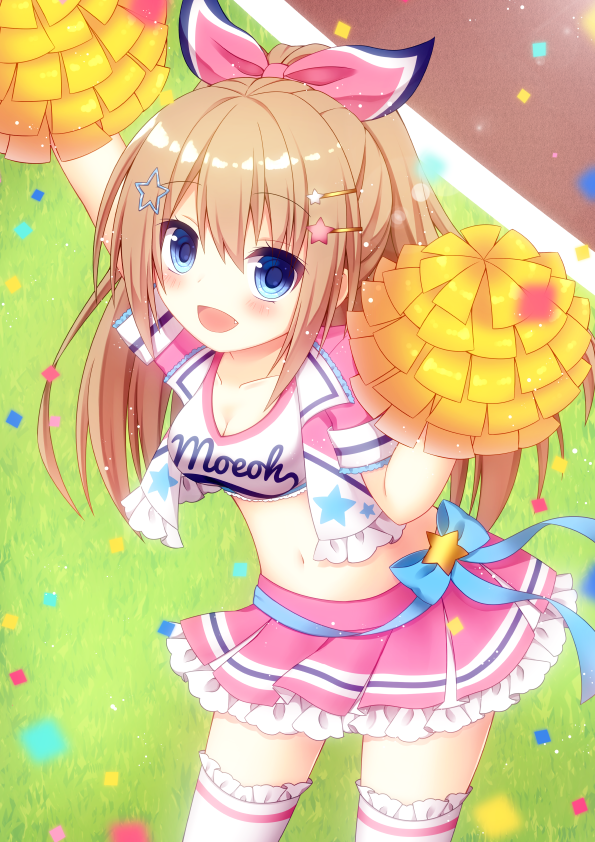 1girl, :d, arms_up, blue_bow, blue_eyes, blurry, blurry_foreground, blush