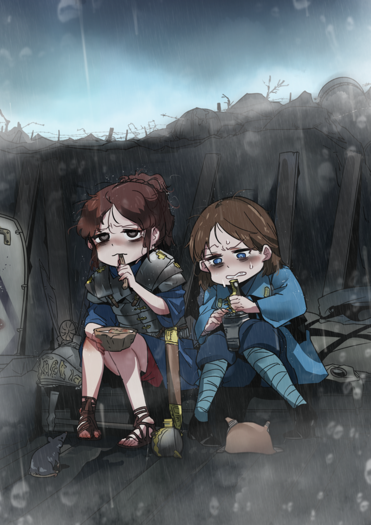 2girls, anachronism, ankle_boots, annoyed, armor, bags_under_eyes, barbed_wire, bare_legs