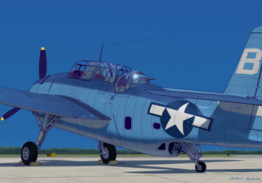 airfield, artist_name, dated, day, gun, highres, machine_gun, nakaaki_masashi, no_humans, outdoors, propeller, real_life, roundel, sky, tbf_avenger, turret, united_states_navy, weapon, wheel