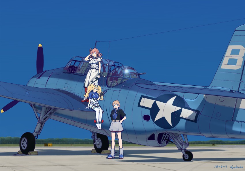 3girls, aircraft, anchor, black_shirt, blonde_hair, blue_eyes, breast_pocket, breasts, brown_hair, dress, gambier_bay_(kancolle), gloves, hair_between_eyes, hair_ornament, hairband, high_side_ponytail, highres, intrepid_(kancolle), intrepid_kai_(kancolle), kantai_collection, large_breasts, long_hair, multiple_girls, nakaaki_masashi, neckerchief, pocket, ponytail, red_legwear, saratoga_(kancolle), shirt, short_hair, side_ponytail, smokestack, tbf_avenger, thighhighs, twintails, vehicle_focus, white_dress