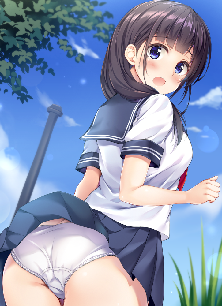 1girl, :o, accidental_exposure, ass, black_sailor_collar, black_skirt, blue_eyes, blue_sky