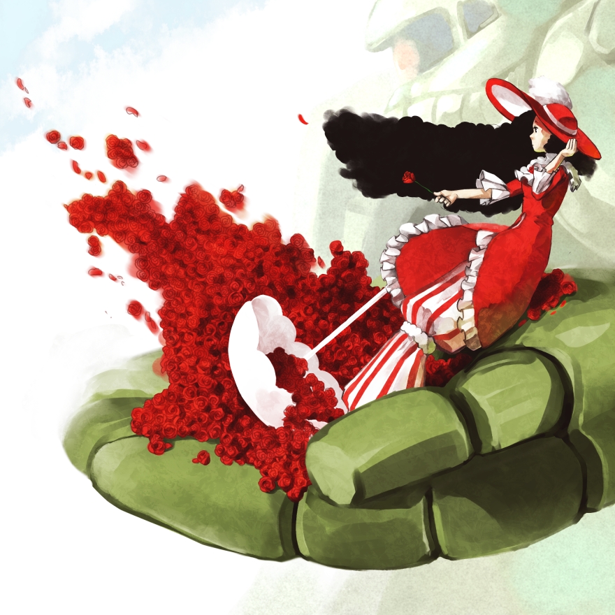 bad_id, bad_pixiv_id, black_hair, borjarnon, curly_hair, flower, gundam, hat