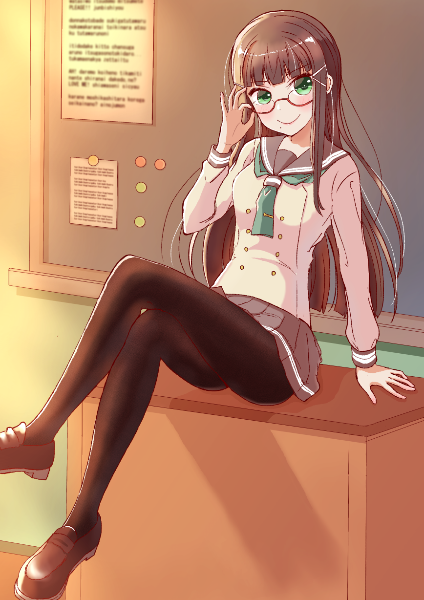 1girl, adjusting_eyewear, aqua_neckerchief, bespectacled, black_hair, black_pantyhose, black_shoes, blackboard_sign, blush, buttons, chalkboard, classroom, crossed_legs, desk, double-breasted, female_focus, glasses, hair_ornament, hairclip, highres, kurosawa_dia, long_hair, long_sleeves, looking_at_viewer, love_live!, love_live!_sunshine!!, magnet, miniskirt, mole, mole_under_mouth, neckerchief, on_desk, pantyhose, pleated_skirt, red-framed_eyewear, school, school_uniform, semi-rimless_eyewear, serafuku, shoes, sitting, skirt, smile, solo, takayuki_(sunnydaywalk), tie_clip, under-rim_eyewear, uranohoshi_school_uniform