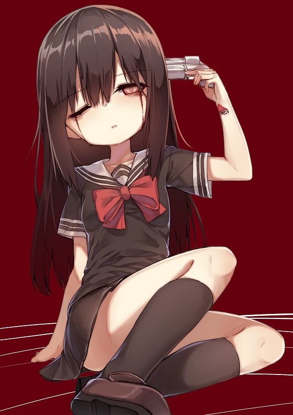 1girl, arm_up, asagiri_aya, bags_under_eyes, black_serafuku, black_shirt, black_skirt, black_socks