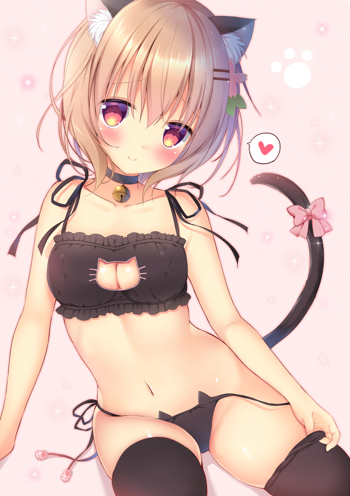 1girl, animal_ear_fluff, animal_ears, bell, black_bra, black_panties, black_thighhighs, blush