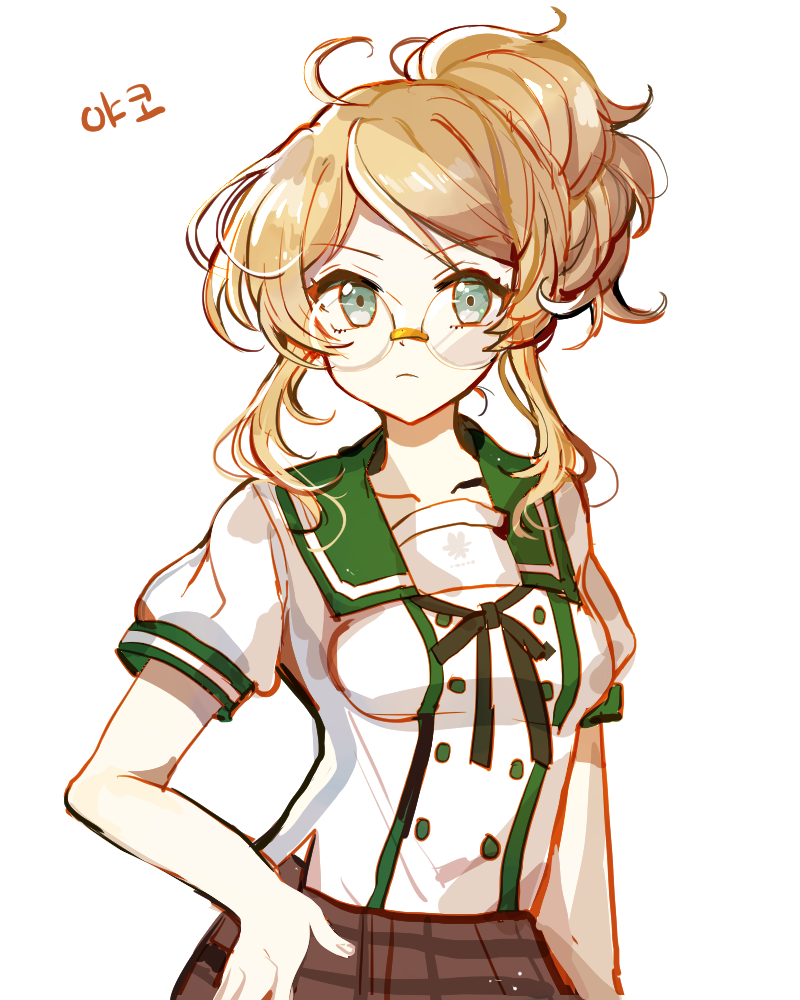 1girl, blue_eyes, brown_hair, ensemble_girls!, female_focus, hand_on_own_hip, kimisaki_school_uniform, konan_yako