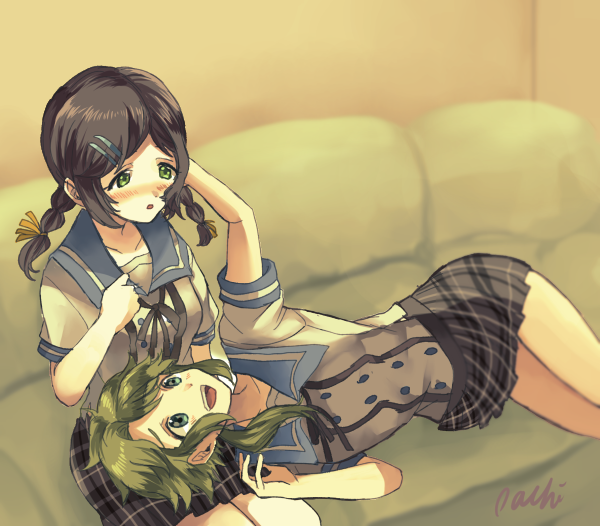 2girls, blush, braid, ensemble_girls!, green_eyes, green_hair, hair_over_one_eye, kimisaki_school_uniform