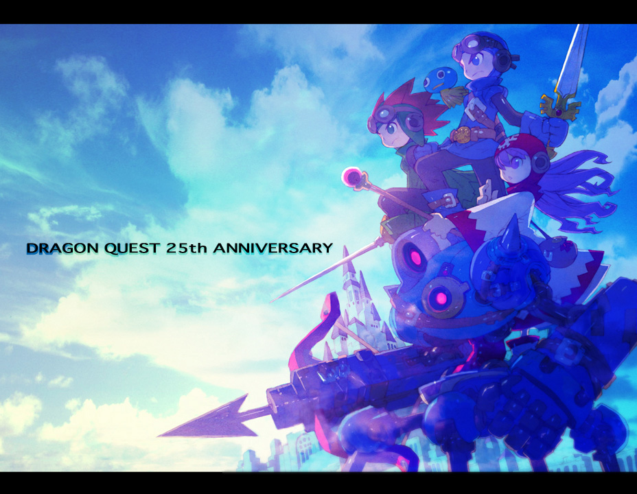 1980s_(style), 1girl, blonde_hair, blue_eyes, bodysuit, closed_mouth, commentary_request, dragon_quest, dragon_quest_ii, goggles, goggles_on_head, goggles_on_headwear, hood, killing_machine_(dragon_quest), letterboxed, long_hair, mecha, multiple_boys, nakayama_tooru, oldschool, prince_of_lorasia, prince_of_samantoria, princess_of_moonbrook, purple_hair, robe, robot, short_hair, spiked_hair, sword, weapon, white_robe