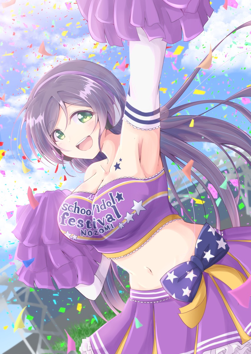 10s, 1girl, absurdres, alternate_costume, armpits, bare_shoulders, blush, breasts, cheerleader, chiro_(bocchiropafe), commentary_request, elbow_gloves, female_focus, gloves, green_eyes, highres, large_breasts, long_hair, looking_at_viewer, love_live!, love_live!_school_idol_festival, love_live!_school_idol_project, midriff, navel, open_mouth, pom_pom_(cheerleading), purple_hair, scrunchie, skirt, smile, solo, takaramonozu, thighhighs, tojo_nozomi, twintails