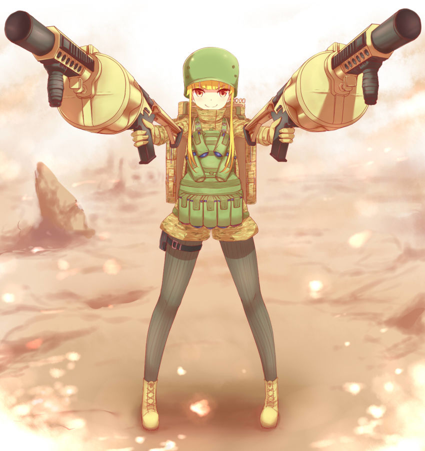 1girl, black_pantyhose, blonde_hair, blunt_bangs, boots, desert, facing_viewer, female_focus