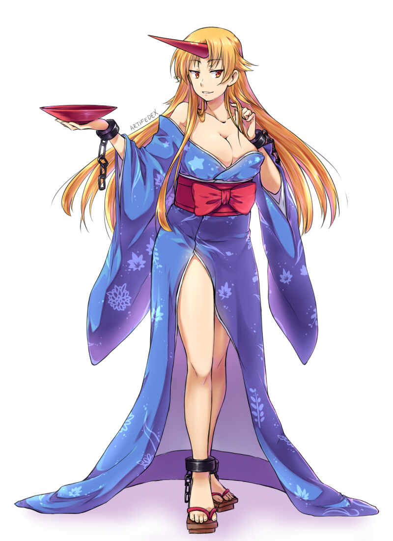 1girl, artifedex, artist_name, bare_legs, bare_shoulders, blonde_hair, blue_kimono, breasts