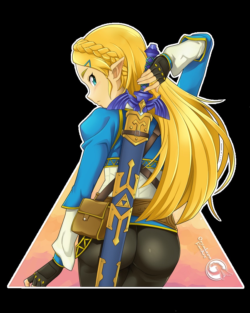 1girl, ass, blonde_hair, blue_tunic, blush, border, braid, crown_braid